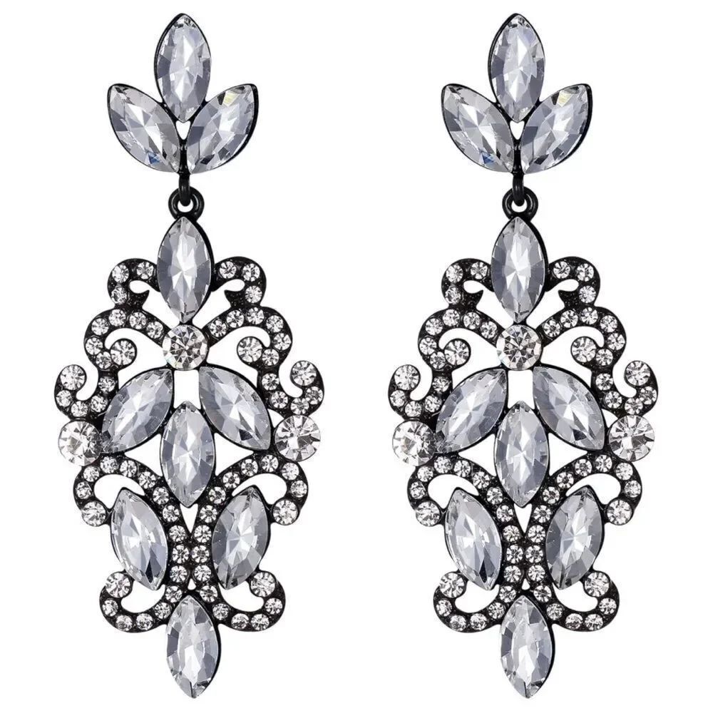 Carbon Black with White Diamond Crystal Marquise Filigree Chandelier Earrings